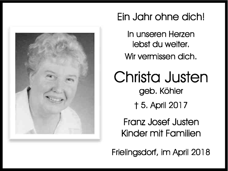  Traueranzeige für Christa Justen vom 05.04.2018 aus Kölner Stadt-Anzeiger / Kölnische Rundschau / Express