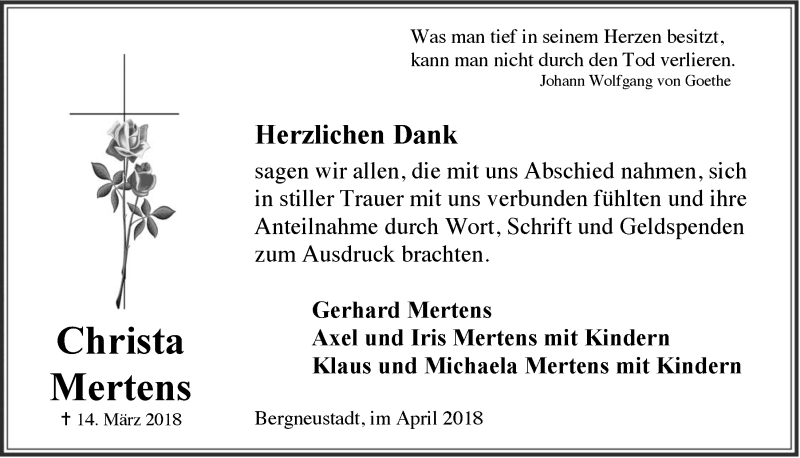  Traueranzeige für Christa Mertens vom 18.04.2018 aus  Anzeigen Echo 