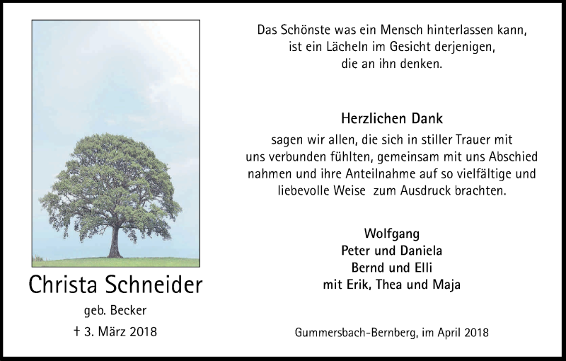  Traueranzeige für Christa Schneider vom 21.04.2018 aus Kölner Stadt-Anzeiger / Kölnische Rundschau / Express