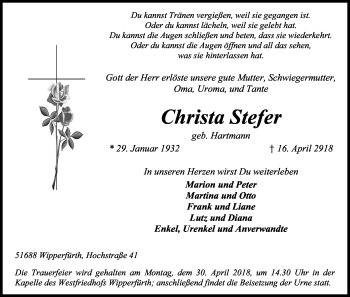 Anzeige von Christa Stefer von Kölner Stadt-Anzeiger / Kölnische Rundschau / Express