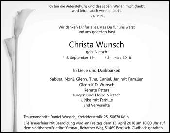 Anzeige von Christa Wunsch von Kölner Stadt-Anzeiger / Kölnische Rundschau / Express
