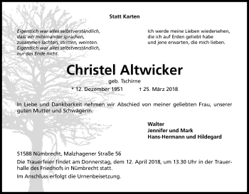 Anzeige von Christel Altwicker von Kölner Stadt-Anzeiger / Kölnische Rundschau / Express