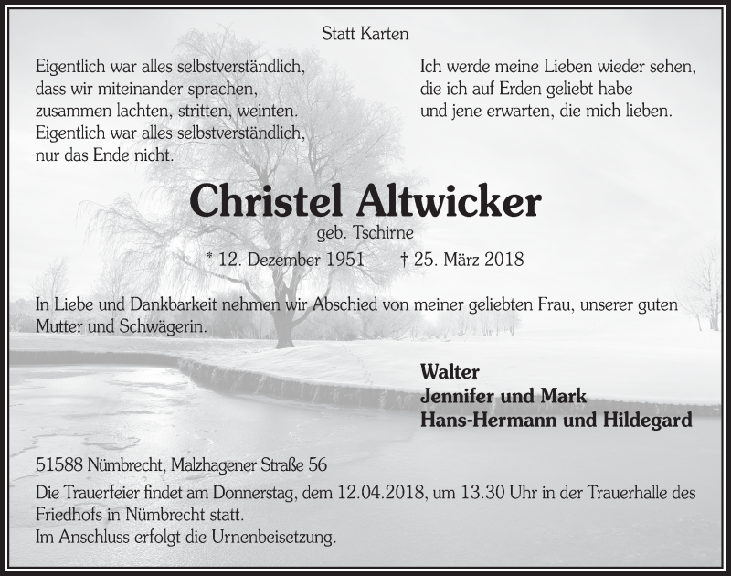  Traueranzeige für Christel Altwicker vom 04.04.2018 aus  Lokalanzeiger 