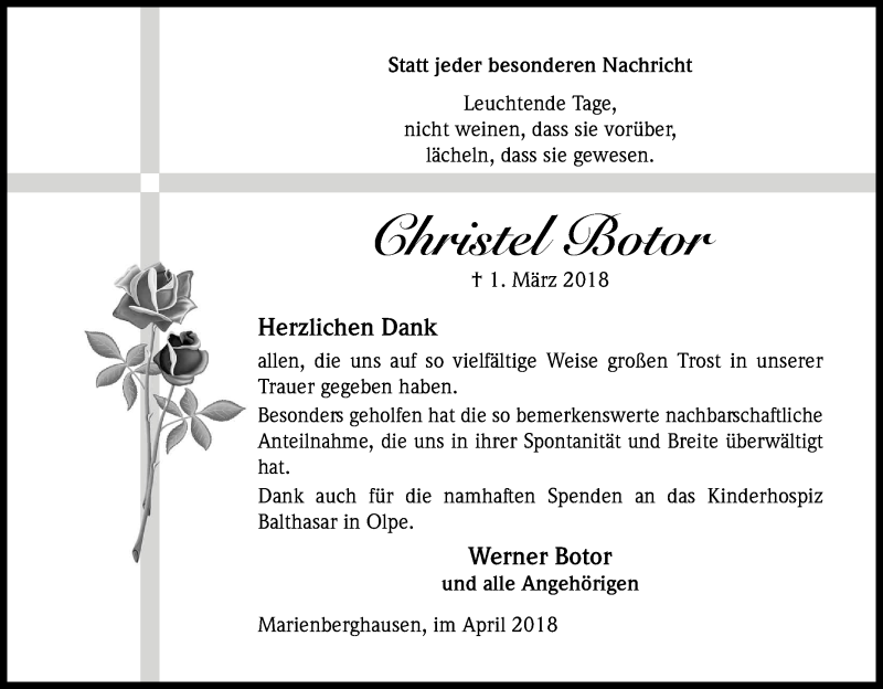  Traueranzeige für Christel Botor vom 14.04.2018 aus Kölner Stadt-Anzeiger / Kölnische Rundschau / Express