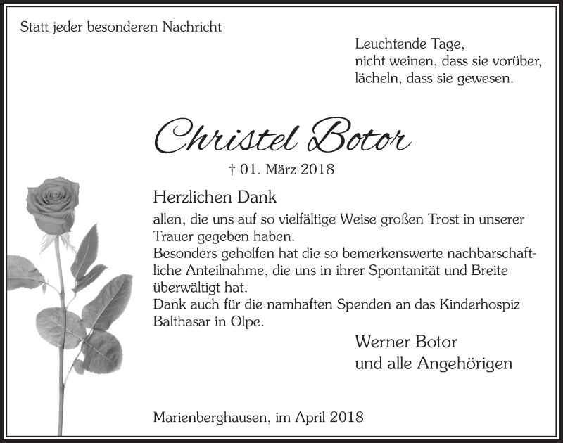  Traueranzeige für Christel Botor vom 11.04.2018 aus  Lokalanzeiger 