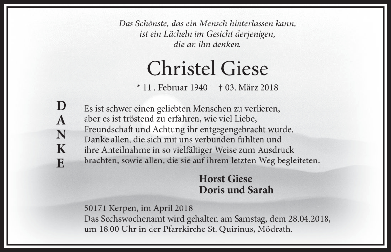  Traueranzeige für Christel Giese vom 21.04.2018 aus  Sonntags-Post 