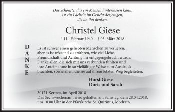 Anzeige von Christel Giese von  Sonntags-Post 