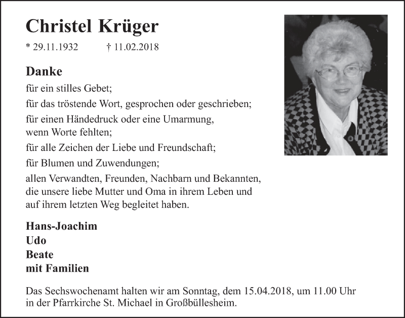  Traueranzeige für Christel Krüger vom 07.04.2018 aus  Blickpunkt Euskirchen 