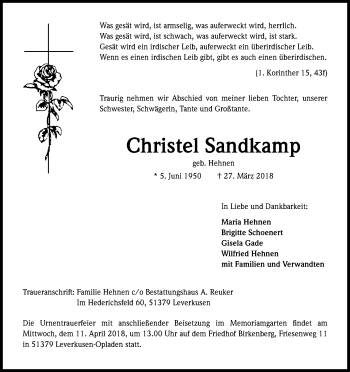 Anzeige von Christel Sandkamp von Kölner Stadt-Anzeiger / Kölnische Rundschau / Express