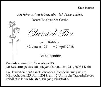 Anzeige von Christel Titz von Kölner Stadt-Anzeiger / Kölnische Rundschau / Express