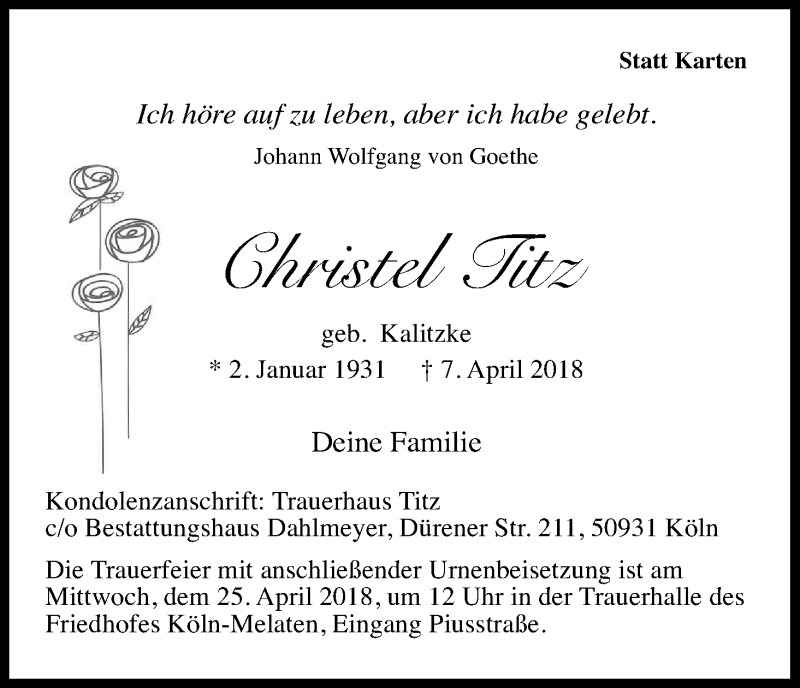  Traueranzeige für Christel Titz vom 14.04.2018 aus Kölner Stadt-Anzeiger / Kölnische Rundschau / Express