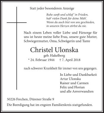 Anzeige von Christel Ulonska von  Sonntags-Post 