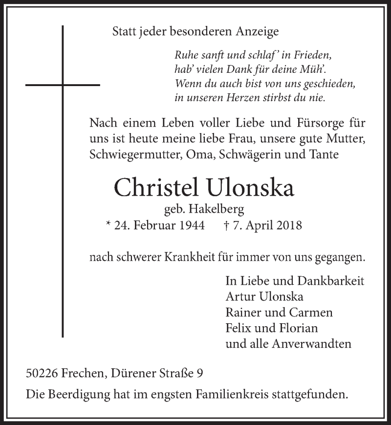  Traueranzeige für Christel Ulonska vom 21.04.2018 aus  Sonntags-Post 
