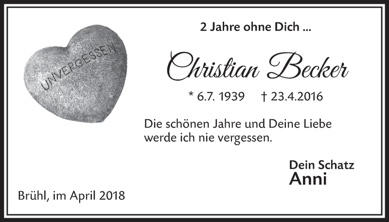  Traueranzeige für Christian Becker vom 18.04.2018 aus  Schlossbote/Werbekurier 