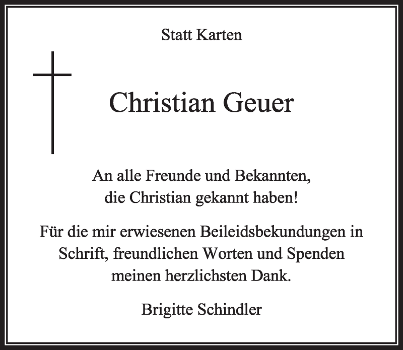  Traueranzeige für Christian Geuer vom 07.04.2018 aus  Sonntags-Post 