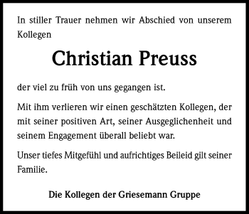 Anzeige von Christian Preuss von Kölner Stadt-Anzeiger / Kölnische Rundschau / Express