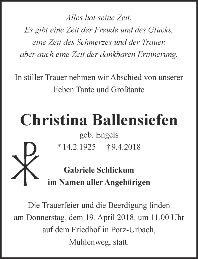  Traueranzeige für Christina Ballensiefen vom 18.04.2018 aus  Kölner Wochenspiegel 