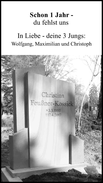 Anzeige von Christina Feußner-Kossick von Kölner Stadt-Anzeiger / Kölnische Rundschau / Express