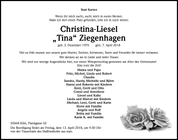 Anzeige von Christina-Liesel Ziegenhagen von Kölner Stadt-Anzeiger / Kölnische Rundschau / Express