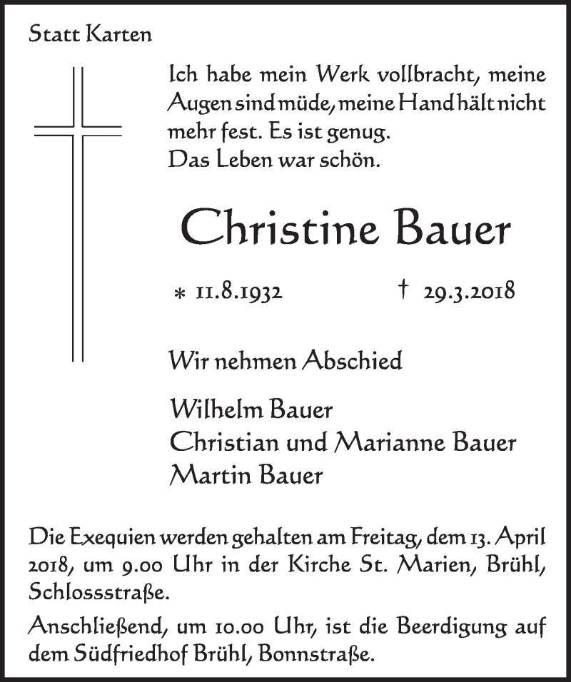  Traueranzeige für Christine Bauer vom 11.04.2018 aus  Schlossbote/Werbekurier 