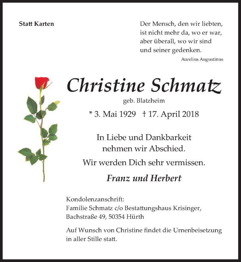  Traueranzeige für Christine Schmatz vom 25.04.2018 aus  Wochenende 