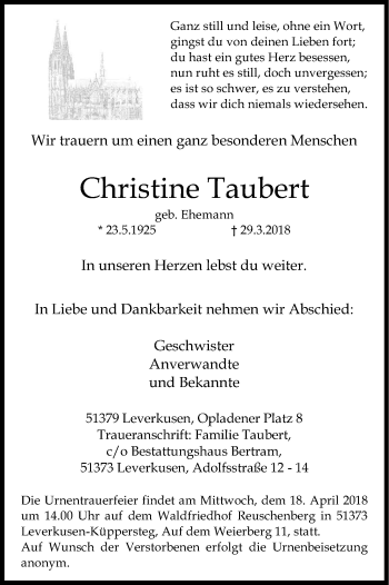 Anzeige von Christine Taubert von Kölner Stadt-Anzeiger / Kölnische Rundschau / Express
