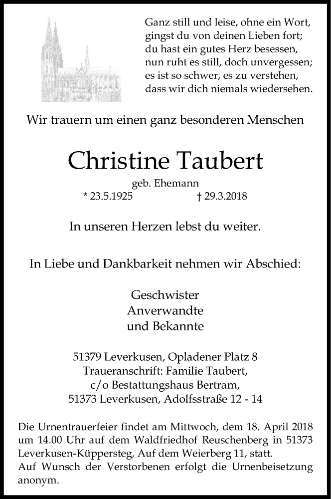  Traueranzeige für Christine Taubert vom 12.04.2018 aus Kölner Stadt-Anzeiger / Kölnische Rundschau / Express