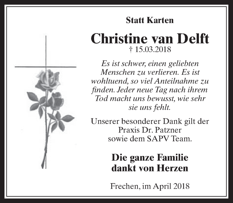  Traueranzeige für Christine van Delft vom 25.04.2018 aus  Wochenende 