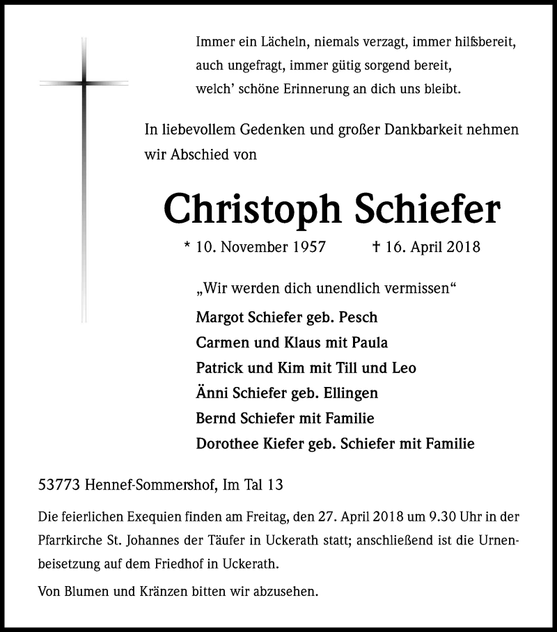  Traueranzeige für Christoph Schiefer vom 19.04.2018 aus Kölner Stadt-Anzeiger / Kölnische Rundschau / Express