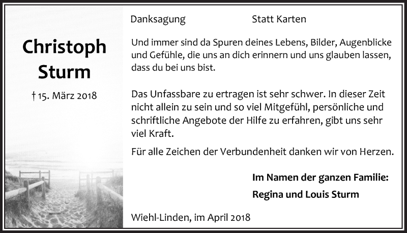  Traueranzeige für Christoph Sturm vom 25.04.2018 aus  Anzeigen Echo 