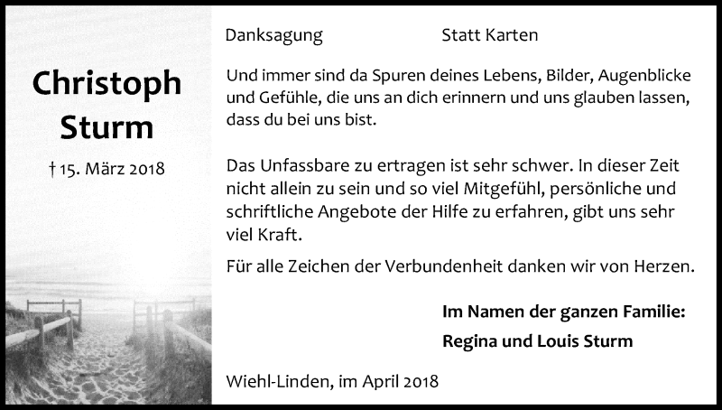  Traueranzeige für Christoph Sturm vom 21.04.2018 aus Kölner Stadt-Anzeiger / Kölnische Rundschau / Express