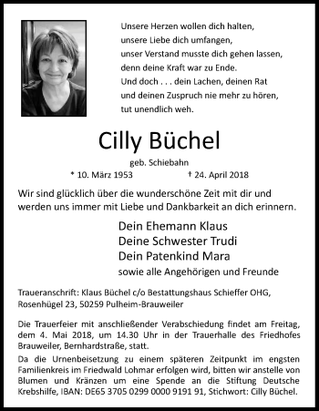 Anzeige von Cilly Büchel von Kölner Stadt-Anzeiger / Kölnische Rundschau / Express