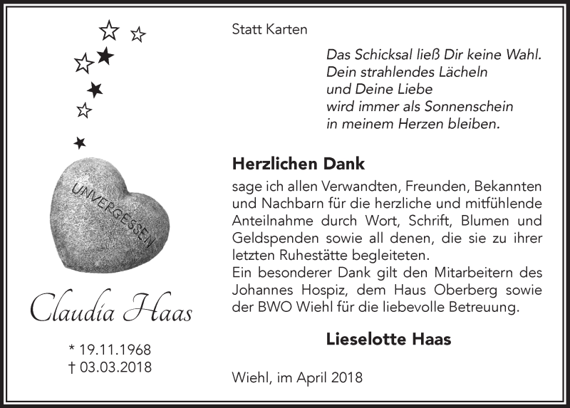  Traueranzeige für Claudia Haas vom 25.04.2018 aus  Anzeigen Echo 