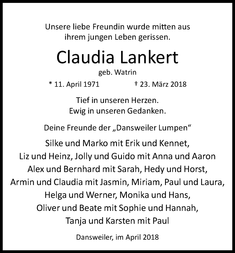  Traueranzeige für Claudia Lankert vom 18.07.2023 aus Kölner Stadt-Anzeiger / Kölnische Rundschau / Express