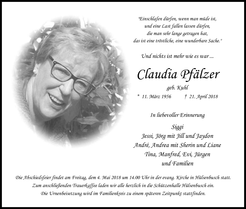  Traueranzeige für Claudia Pfälzer vom 27.04.2018 aus Kölner Stadt-Anzeiger / Kölnische Rundschau / Express