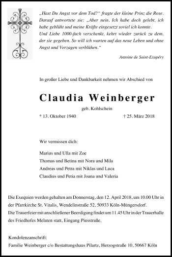 Anzeige von Claudia Weinberger von Kölner Stadt-Anzeiger / Kölnische Rundschau / Express