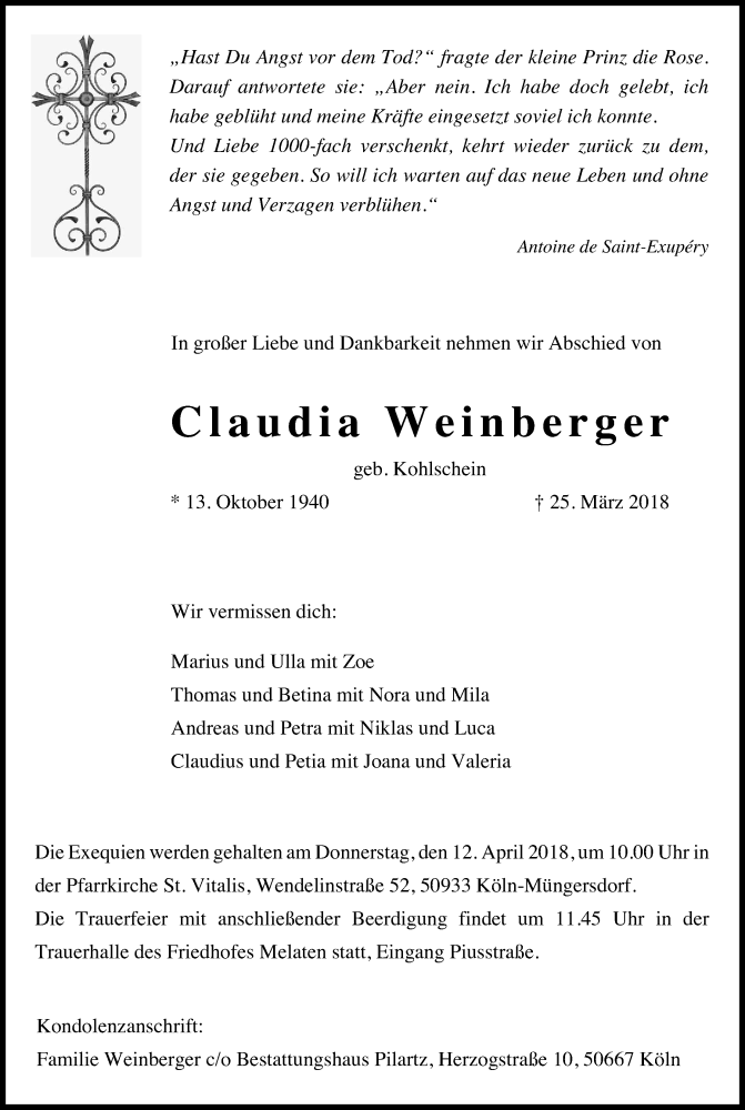  Traueranzeige für Claudia Weinberger vom 07.04.2018 aus Kölner Stadt-Anzeiger / Kölnische Rundschau / Express