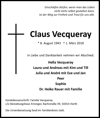 Anzeige von Claus Vecqueray von Kölner Stadt-Anzeiger / Kölnische Rundschau / Express