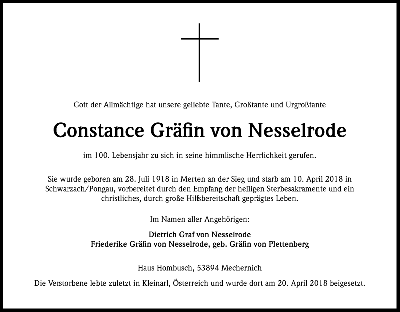  Traueranzeige für Constance  von Nesselrode vom 28.04.2018 aus Kölner Stadt-Anzeiger / Kölnische Rundschau / Express