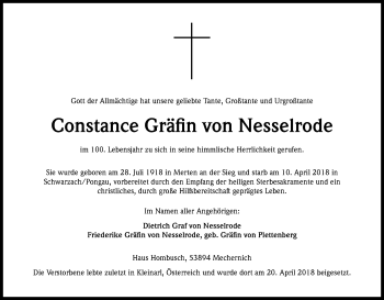 Anzeige von Constance  von Nesselrode von Kölner Stadt-Anzeiger / Kölnische Rundschau / Express