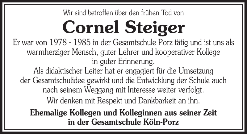  Traueranzeige für Cornel Steiger vom 18.04.2018 aus  Kölner Wochenspiegel 