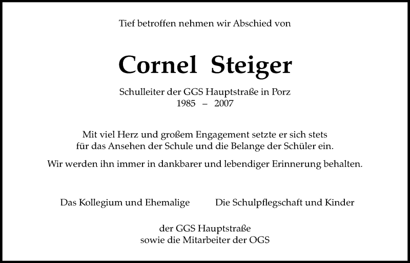  Traueranzeige für Cornel Steiger vom 07.04.2018 aus 