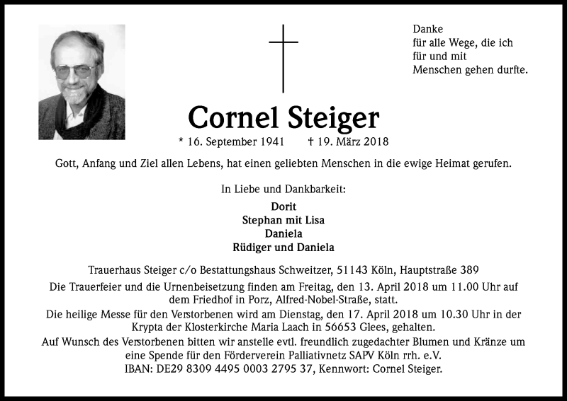  Traueranzeige für Cornel Steiger vom 07.04.2018 aus Kölner Stadt-Anzeiger / Kölnische Rundschau / Express