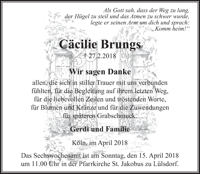  Traueranzeige für Cäcilie Brungs vom 04.04.2018 aus  Extra Blatt 
