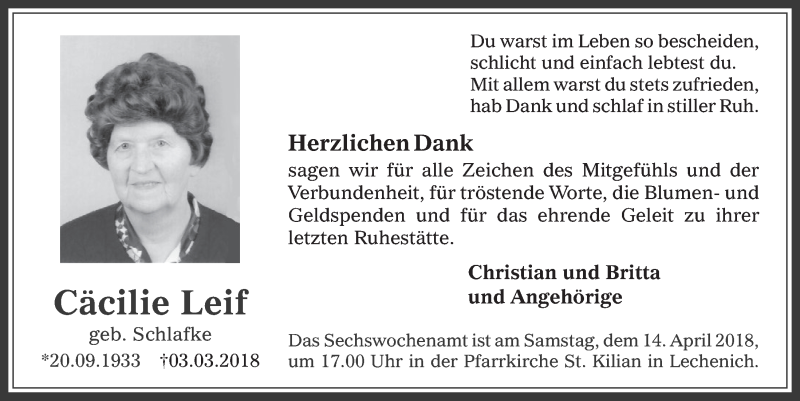  Traueranzeige für Cäcilie Leif vom 11.04.2018 aus  Werbepost 