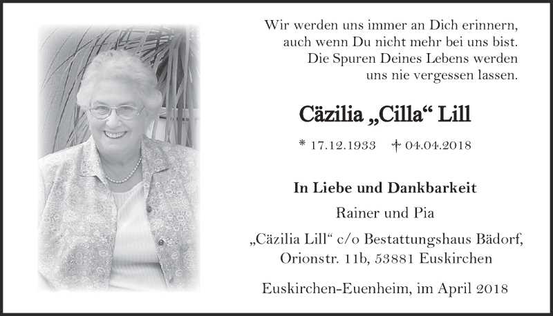  Traueranzeige für Cäzilia Lill vom 14.04.2018 aus  Blickpunkt Euskirchen 