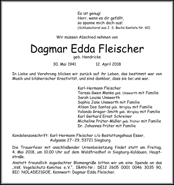 Anzeige von Dagmar Edda Fleischer von Kölner Stadt-Anzeiger / Kölnische Rundschau / Express