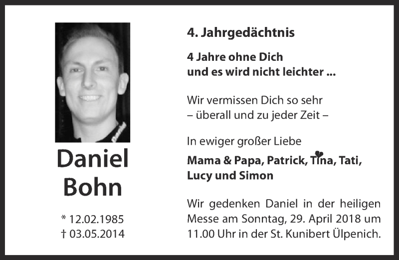  Traueranzeige für Daniel Bohn vom 21.04.2018 aus  Blickpunkt Euskirchen 