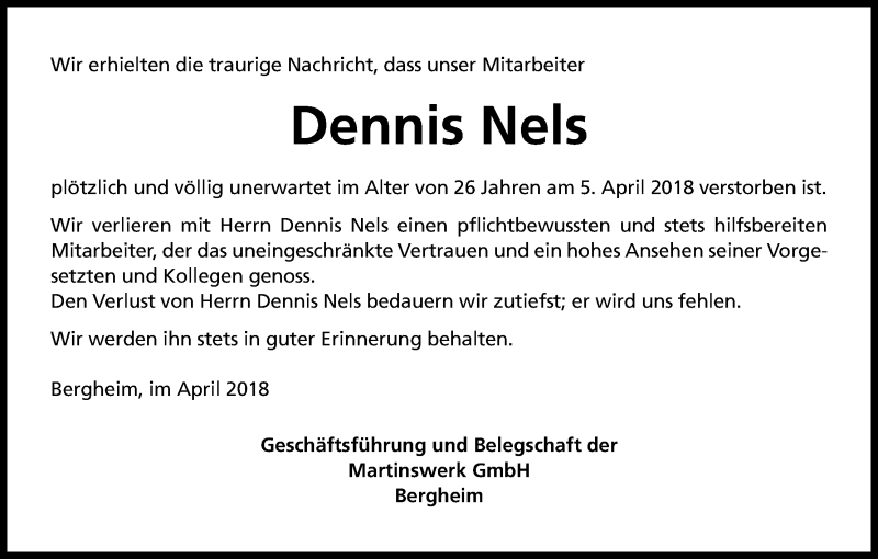  Traueranzeige für Dennis Nels vom 14.04.2018 aus Kölner Stadt-Anzeiger / Kölnische Rundschau / Express