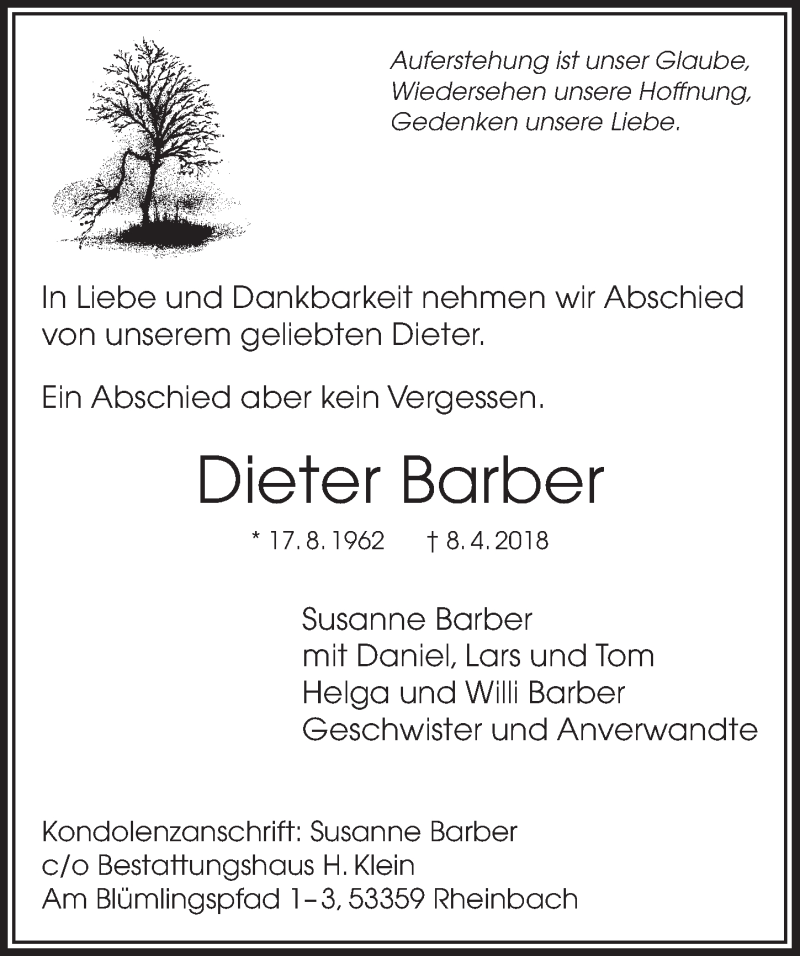  Traueranzeige für Dieter Barber vom 18.04.2018 aus  Schaufenster/Blickpunkt 